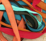 SOUTHWEST ASSORTMENT Silk Ribbons 6 Hand Dyed Sewn Strings Terracotta Turquoise Black Red