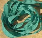 TEAL GREEN Silk Ribbons, Crinkle Silk Ribbon,  Hand Dyed, Qty 5 Jamnglass Ribbons, Jewelry Making Craft Ribbon