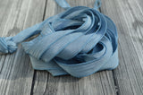 BLUE GRAY Crinkle Silk Ribbons, Hand Dyed Hand Painted Strings, Qty 5 to 25 Ribbons, Light Pastel Dusty Blue Ribbon