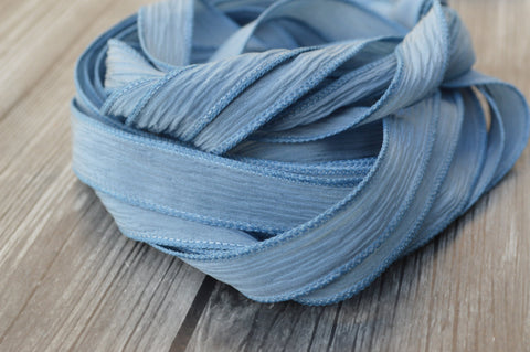 BLUE GRAY Crinkle Silk Ribbons, Hand Dyed Hand Painted Strings, Qty 5 to 25 Ribbons, Light Pastel Dusty Blue Ribbon