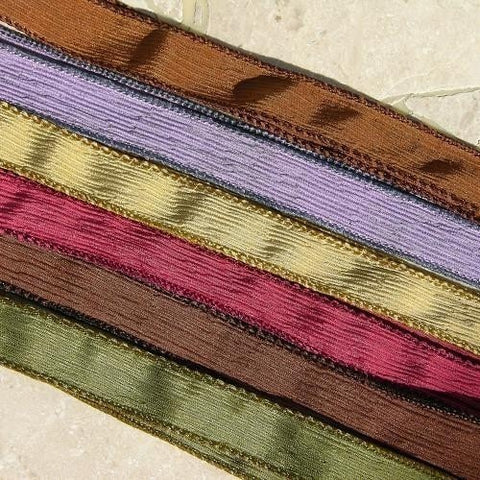 Vintage Fall Assortment Silk Ribbons, Qty 6, Crinkle Silk Craft Ribbon, Hand Dyed Handmade Ribbons, Jewelry Making Stringing Supplies