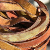 RUSTLING LEAVES Silk Ribbons Hand Dyed Strings 5 Brown Rust Green Violet, Great for Bracelet Wraps, Necklaces or Crafts