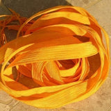 Gold Silk Ribbons, Qty 5 Silk Strings Hand Dyed Sewn Golden Yellow, Great Silk Wraps, Jewelry, Bridal Flower Bouquet Trim, Embroidery Ribbon