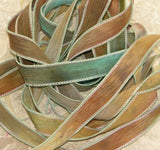 Beaches silk ribbons in a crinkle silk fabric - 5 hand dyed handmade silk strings in brown tan aqua - For necklaces and bracelet wraps