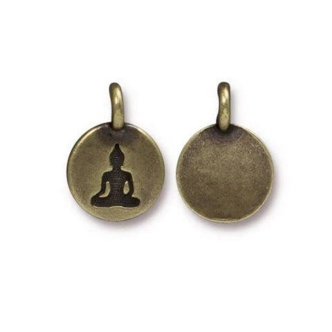 TierraCast BUDDHA Charm, Antique BRASS, Tiny Round Bronze Pendants, Qty 4 to 20, Brass Oxide, 16.6mm, Bohemian Yoga Meditation Charm