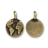 TierraCast Earth Charms, Antique Brass, Round Bronze Planet Earth Pendants, Qty 4 to 20, 16.6mm Tiny Bracelet Charm for Bohemian Wraps