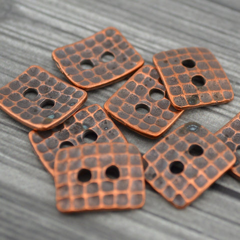 HAMMERTONE Buttons TierraCast Button, Rectangle Metal Buttons, Qty 4, Antique Copper, 15mm Textured Two Hole, Tierra Cast Pewter Buttons