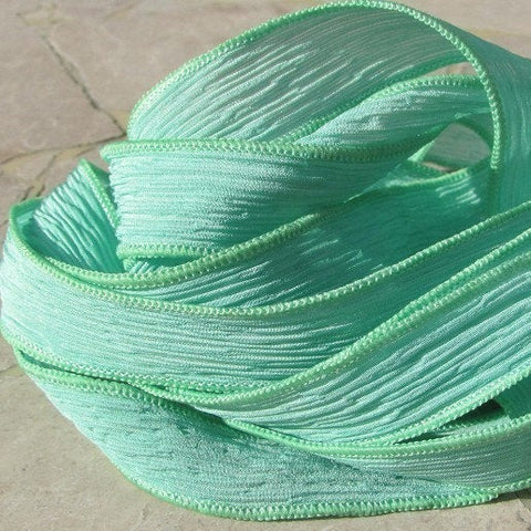 Mint Julep Silk Ribbons, Crinkle Silk Ribbon 5 to 25 Pastel Light Green, Bulk Wholesale Silk Ribbon, Stringing Supplies, Craft Ribbon