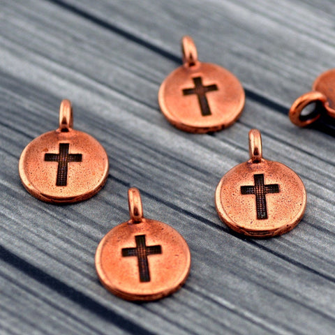 TierraCast Cross Charms, Antique Copper, Cross Pendants Tierra Cast Tiny Cross Charm Drops, Qty 4 to 20, Yoga Meditaton Wrap Bracelet Charms