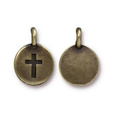 TierraCast CROSS Charms, Antique Brass Round Narrow Cross Pendants Qty 4 to 20, 16.6mm Tiny Bronze Bracelet Wrap Charms, Bohemian Yoga Charm