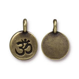 TierraCast Om Charms, Antique Brass, Round Ohm Bronze Pendants, Qty 4 to 20, 16.6mm Tiny Meditation Bracelet Charm, for Bohemian Yoga Wraps