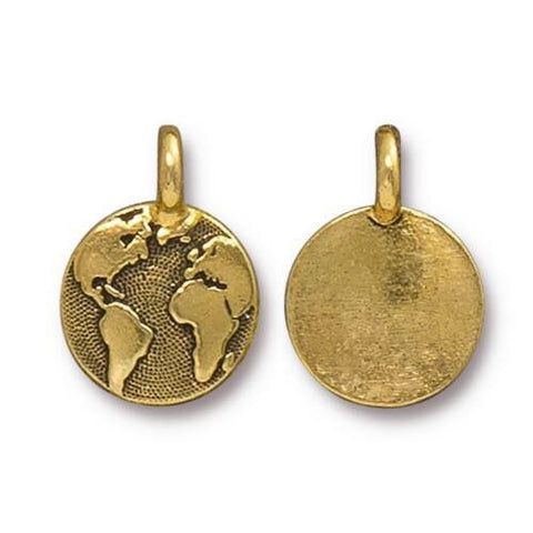 TierraCast Earth Charms, Antique Gold, Round Planet Earth Pendants, Qty 4 to 20, 16.6mm Tiny Meditation Bracelet Charm, for Bohemian Wraps