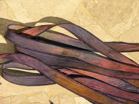 Twilight Silk Ribbons Hand Dyed Silk Strings, Crinkle Silk, Watercolor Ribbon, Stringing Supplies