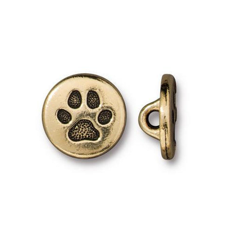 PAW BUTTONS, Antique Gold, TierraCast, Tiny Round Button, 22 Karat Plated Pewter, Qty 4 to 20, Animal Dog Lover Pet Wrap Bracelet Clasp