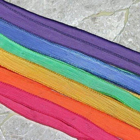 Rainbow Silk Ribbon Assortment, 6 Silk Hand Dyed Silk Wrap Bracelets, Handmade Crinkle Silk Strings in Red Orange Blue Green Purple Yellow