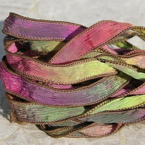 SECRET GARDEN Silk Ribbons Strings Hand Dyed and Sewn Watercolor Strands, Ribbon for Silk Wraps, Necklaces or Crafts