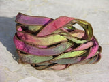 SECRET GARDEN Silk Ribbons Strings Hand Dyed and Sewn Watercolor Strands, Ribbon for Silk Wraps, Necklaces or Crafts