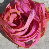 WOW Silk Ribbons Hand Dyed Sewn Crinkle Silk Strings, Qty 5 Pink Orange Coral Handmade for Bracelet Wraps or Necklaces