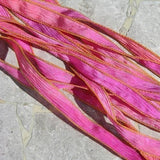 WOW Silk Ribbons Hand Dyed Sewn Crinkle Silk Strings, Qty 5 Pink Orange Coral Handmade for Bracelet Wraps or Necklaces