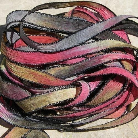 Southwest Red Hand Dyed Silk Ribbons, Southwestern Ribbon Color Black Brown Red Tan Bridal Bouquet Trim Bracelet Wraps Stringing Supplies