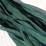 EVERGREEN Silk Ribbons 5 Hand-Dyed Sewn Strings Dark Pine Green Jamn, Great for Silk Wrap Bracelets, Necklace or Crafts