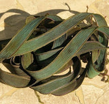 Mysterious Water Silk Ribbons, Hand Dyed 5 Silk Strings, Handmade Crinkle Ribbon, Deep Greens Aqua Brown, Jewelry Making Stringing Supplies