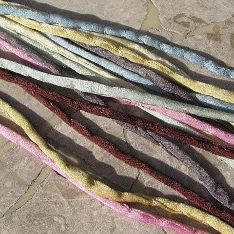 RETRO SPARKLE Silk Cords, Assortment Cording, 3-4mm Thick Qty 8, Stringing Supplies, Jewelry Making Cord, Handmade Hand Dyed Hand Sewn