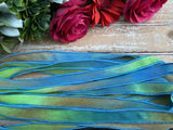 Tropical Rain Silk Ribbons Hand Dyed and Sewn Qty 5, Jamnglass Silk Watercolor Ribbon for Jewelry, Embroidery, or Bridal Flower Bouquet Trim