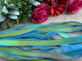 Tropical Rain Silk Ribbons Hand Dyed and Sewn Qty 5, Jamnglass Silk Watercolor Ribbon for Jewelry, Embroidery, or Bridal Flower Bouquet Trim