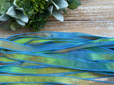 Tropical Rain Silk Ribbons Hand Dyed and Sewn Qty 5, Jamnglass Silk Watercolor Ribbon for Jewelry, Embroidery, or Bridal Flower Bouquet Trim