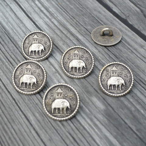 ELEPHANT Buttons, Metal Buttons, Qty 4 5/8" Howdah Coin Reproductions, Antique Silver, 15mm Leather Wrap Clasps and Clothing