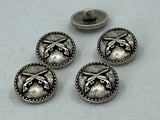 Crossed Guns Metal Buttons Antique Silver 3/4” 20mm Qty 4 Pistols Clothing Button for Sweater or for Leather Wrap Clasps