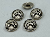 Crossed Guns Metal Buttons Antique Silver 3/4” 20mm Qty 4 Pistols Clothing Button for Sweater or for Leather Wrap Clasps