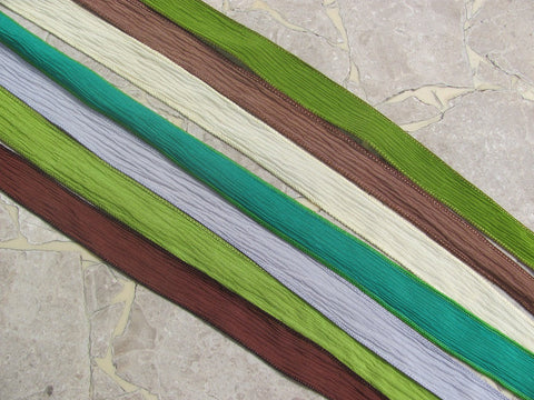 Green Grass Silk Ribbon Assortment, Crinkle Silk Ribbons Qty 7, Assorted Hand Dyed Silk Strings, Wrist Wrap Ribbons, Silk Wraps