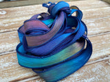 Blue Moon Silk Ribbons Hand Dyed Silk Strings, Crinkle Silk, Watercolor Ribbon, Stringing Supplies Navy Aqua Green Purple