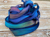 Blue Moon Silk Ribbons Hand Dyed Silk Strings, Crinkle Silk, Watercolor Ribbon, Stringing Supplies Navy Aqua Green Purple