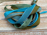 Rainforest Silk Ribbon Assortment Hand Dyed Green and Blue Ribbons Qty 5 Crinkle Silk, Avocado, Grass, Hushed Teal, Teal, Dark Turquoise