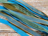 Rainforest Silk Ribbon Assortment Hand Dyed Green and Blue Ribbons Qty 5 Crinkle Silk, Avocado, Grass, Hushed Teal, Teal, Dark Turquoise