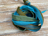 Rainforest Silk Ribbon Assortment Hand Dyed Green and Blue Ribbons Qty 5 Crinkle Silk, Avocado, Grass, Hushed Teal, Teal, Dark Turquoise