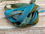 Rainforest Silk Ribbon Assortment Hand Dyed Green and Blue Ribbons Qty 5 Crinkle Silk, Avocado, Grass, Hushed Teal, Teal, Dark Turquoise