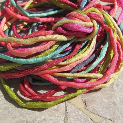 Tropical Island Silk Cording Assortment, Silk Cords, Hand Dyed Sewn, 10 to 100, Bracelet Wraps, Kumihimo Braids Bridal Flower Bouquet Trim