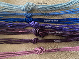 Blue or Purple Silk Cords - 3mm to 4mm hand dyed hand sewn cording - Choose: Baby Blue, Sky, Sapphire, Violet Sunset Beach, Purple OR Grape