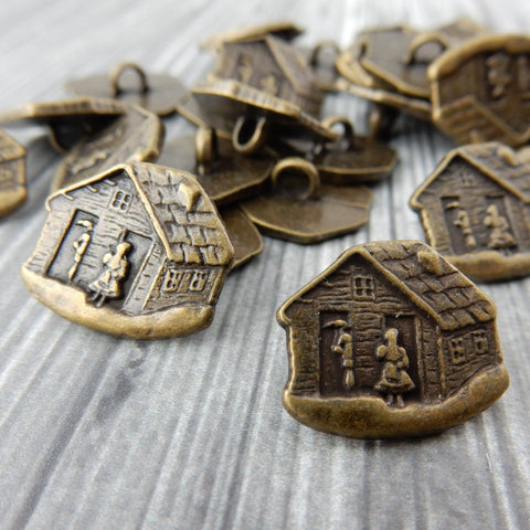 Cabin Metal Buttons, Antique Brass Button,  5/8" Qty 4 , Rustic Bronze Winter Cabin Buttons, House Great Leather Wrap Clasps or Clothing