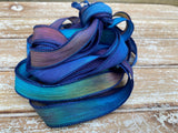 Blue Moon Silk Ribbons Hand Dyed Silk Strings, Crinkle Silk, Watercolor Ribbon, Stringing Supplies Navy Aqua Green Purple