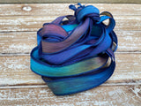 Blue Moon Silk Ribbons Hand Dyed Silk Strings, Crinkle Silk, Watercolor Ribbon, Stringing Supplies Navy Aqua Green Purple