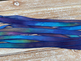 Blue Moon Silk Ribbons Hand Dyed Silk Strings, Crinkle Silk, Watercolor Ribbon, Stringing Supplies Navy Aqua Green Purple