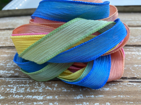 Sprinkles silk ribbon assortment - Qty 5 strings - Crinkle silk - yoga wrap bracelets - hand dyed spring colors blue yellow pink green peach