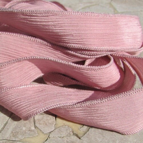 OLD ROSE PINK Silk Ribbons, Qty 5 Craft Ribbon, Jewelry Making Supplies, Hand Dyed Sewn Handmade, Stringing Supplies