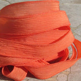 CORAL silk ribbons - Qty 5 bracelet wraps - Hand dyed handmade strings - Soft crinkle silk fabric  for jewelry making or bridal flower trim