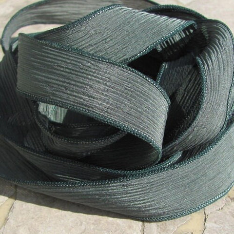 DARK GRAY GREEN Silk Ribbons Crinkle Silk Ribbon, Hand Dyed and Sewn Fern Green Dark, Stringing Supplies, Silk Wrap Bracelets